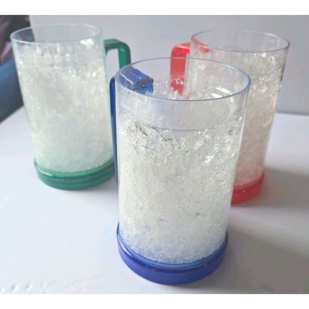Vintage Crackle Glass Mugs Set of 3 Red Blue Green Colored Handles Retro.